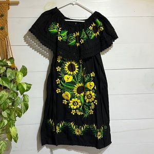 Sunflower embroidered dress , tie along back, shoulder sleeve